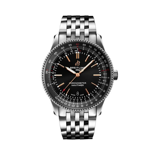 A Breitling chronometer navitimer watch with a black dial, silver-tone stainless steel case, and matching link bracelet.