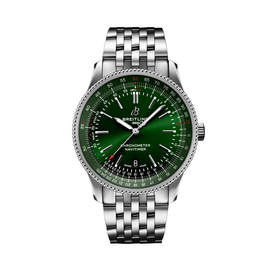 A Breitling Navitimer chronometer watch with a vibrant green dial and a silver stainless steel link bracelet.