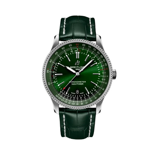  Breitling Navitimer luxury watch featuring a vibrant green dial with silver-tone hands and hour markers, stainless steel case, signature slide rule bezel, date display, and dark green leather strap with contrast stitching.