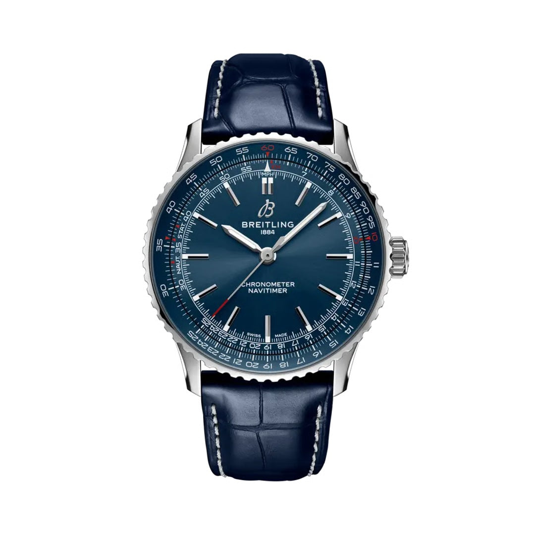 Breitling Navitimer Automatic watch with a stainless steel case, blue dial featuring silver baton markers, slide rule bezel, date window, and a blue leather strap with white stitching.