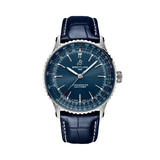 Breitling Navitimer Automatic watch with a stainless steel case, blue dial featuring silver baton markers, slide rule bezel, date window, and a blue leather strap with white stitching.