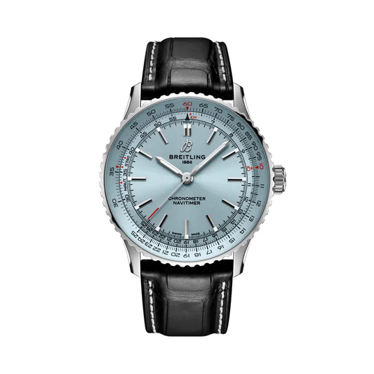  Breitling Navitimer luxury watch featuring an ice blue dial with silver-tone hands and hour markers, stainless steel case, signature slide rule bezel, and black leather strap with contrast stitching.