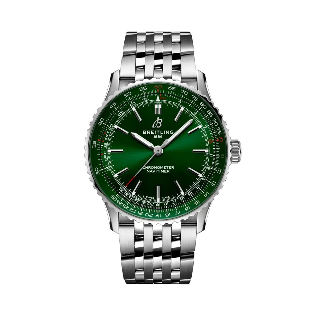 Breitling Navitimer Automatic watch with a stainless steel case and multi-link bracelet, green dial featuring silver baton markers, slide rule bezel, and a date window at 6 o'clock.