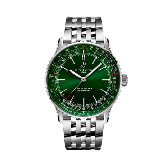 Breitling Navitimer Automatic watch with a stainless steel case and multi-link bracelet, green dial featuring silver baton markers, slide rule bezel, and a date window at 6 o'clock.