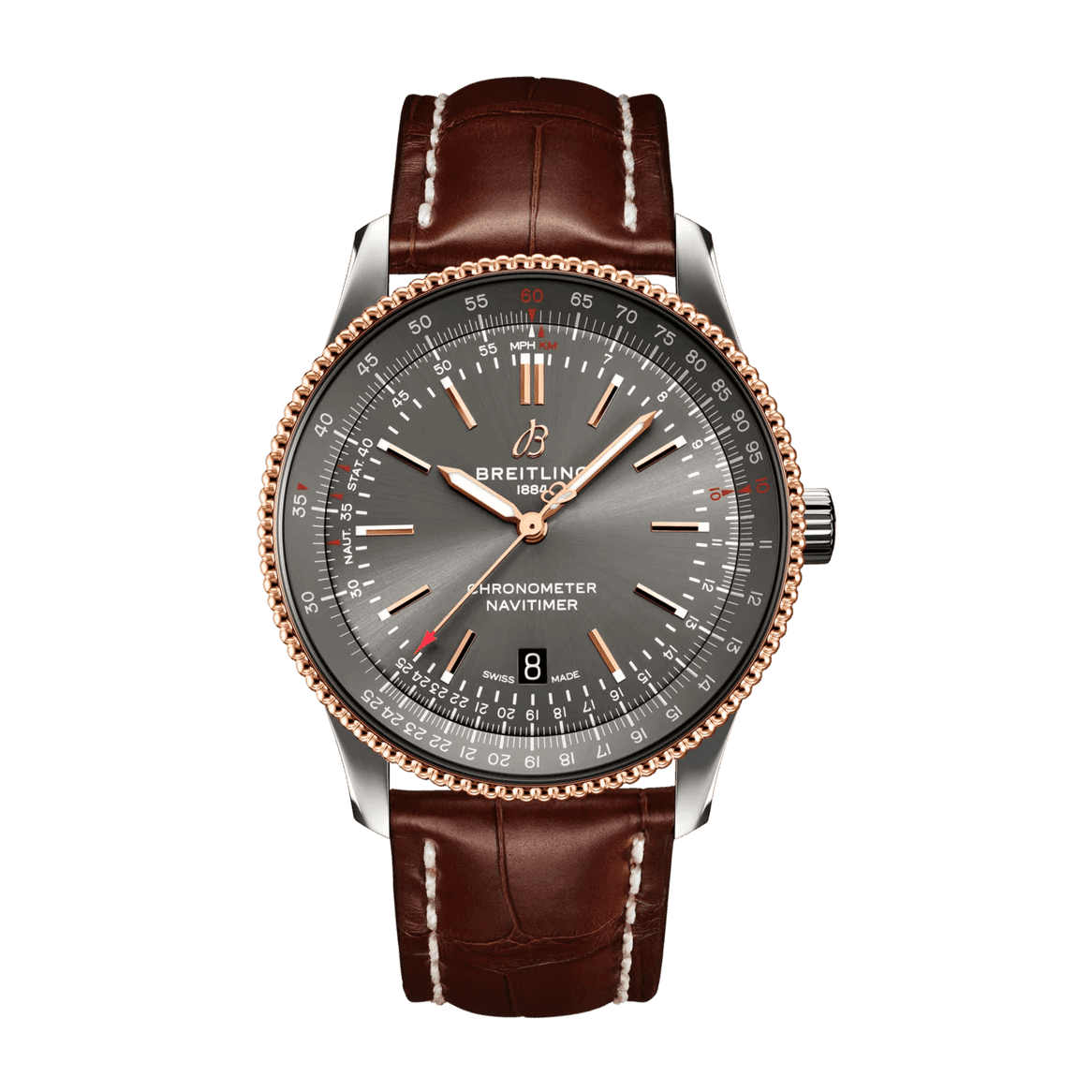 Breitling Navitimer watch with a grey dial, rose gold tone hands and beaded bezel, date window at 6 o’clock and brown leather strap with white stitching.
