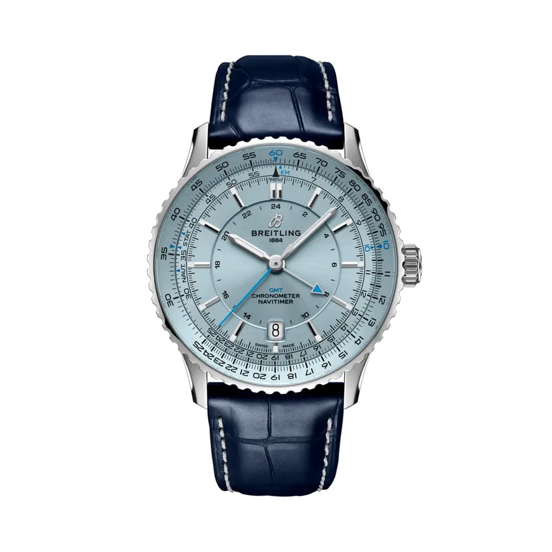 Breitling Navitimer luxury watch featuring an ice blue dial with GMT display, silver-tone hands and hour markers, stainless steel case, signature slide rule bezel, date window, and dark blue leather strap with contrast stitching.