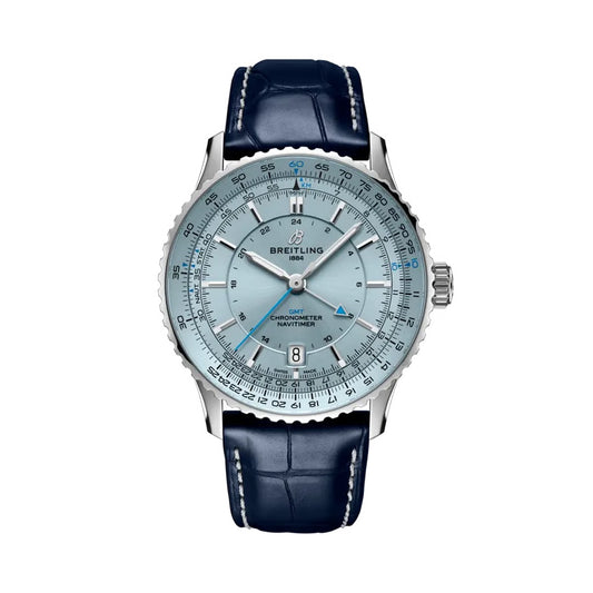 Breitling Navitimer luxury watch featuring an ice blue dial with GMT display, silver-tone hands and hour markers, stainless steel case, signature slide rule bezel, date window, and dark blue leather strap with contrast stitching.