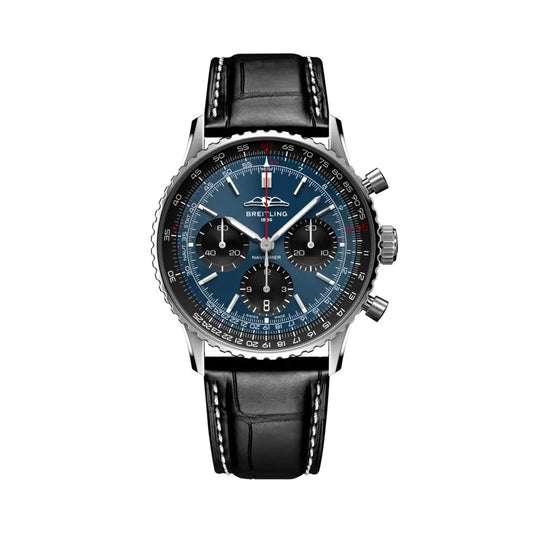 Breitling Navitimer Chronograph watch with a stainless steel case, blue dial featuring silver sub-dials and baton markers, slide rule bezel, and a black leather strap with white stitching