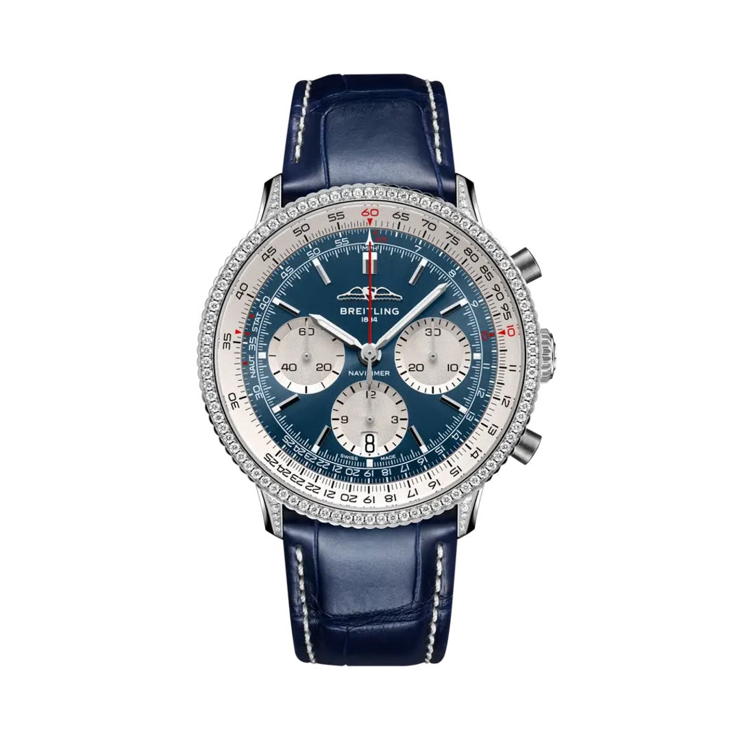 Breitling Navitimer Chronograph watch with a stainless steel case, diamond-set bezel, blue dial featuring silver sub-dials, silver baton markers, and a blue leather strap with white stitching.