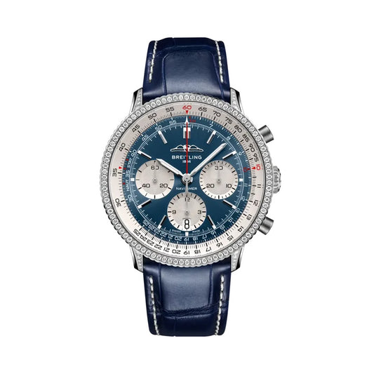 Breitling Navitimer Chronograph watch with a stainless steel case, diamond-set bezel, blue dial featuring silver sub-dials, silver baton markers, and a blue leather strap with white stitching.