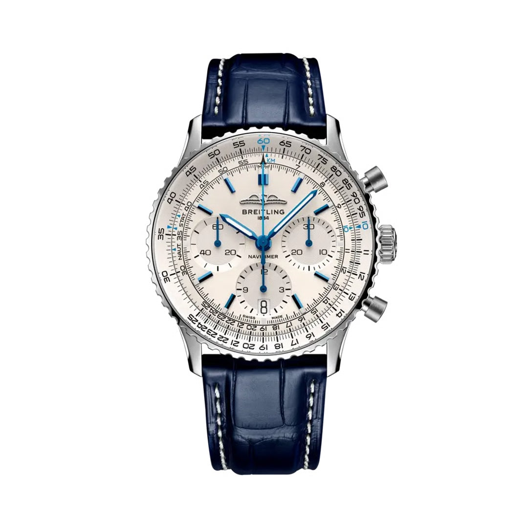 Breitling Navitimer Chronograph watch with a stainless steel case, silver dial featuring blue sub-dials and baton markers, slide rule bezel, and a blue leather strap with white stitching.