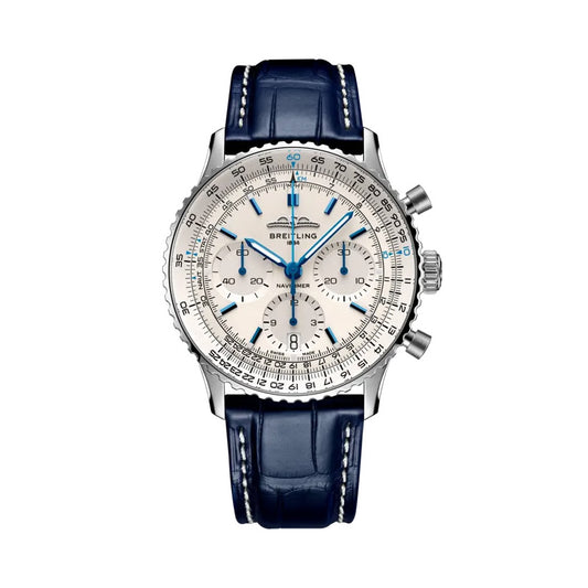 Breitling Navitimer Chronograph watch with a stainless steel case, silver dial featuring blue sub-dials and baton markers, slide rule bezel, and a blue leather strap with white stitching.