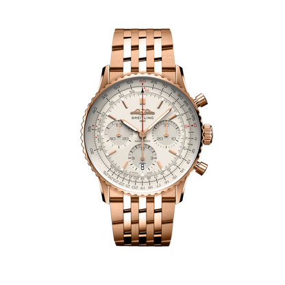 Breitling Navitimer chronograph watch with a cream dial, three silver subdials, numbered bezel and rose gold tone case and metal bracelet.