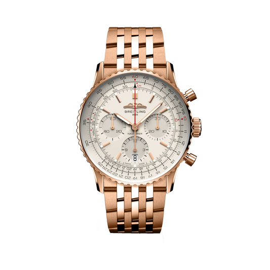 Breitling Navitimer chronograph watch with a cream dial, three silver subdials, numbered bezel and rose gold tone case and metal bracelet.