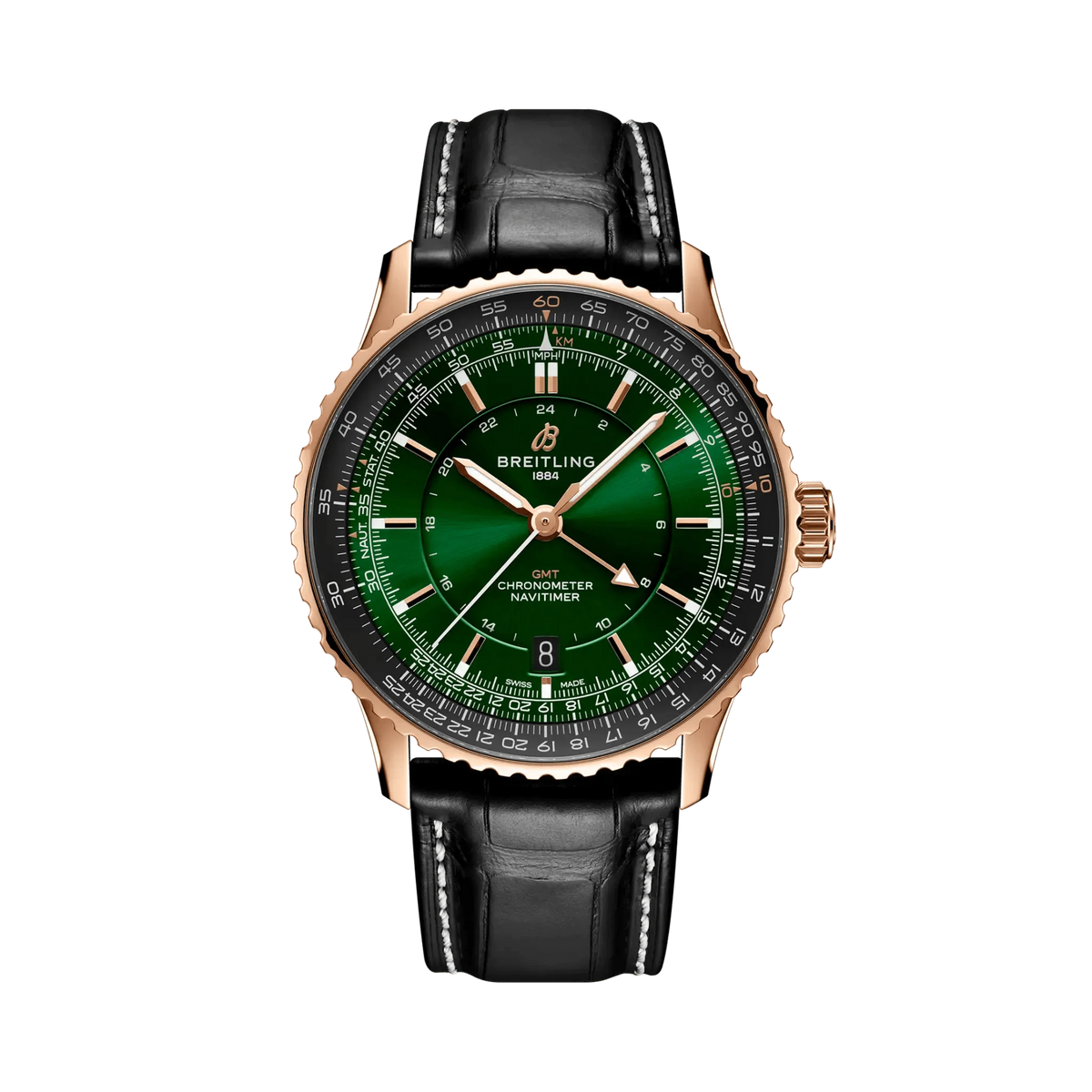 Breitling Navitimer watch with a green dial, rose gold tone case and hands, black numbered bezel and black leather strap with white stitching.