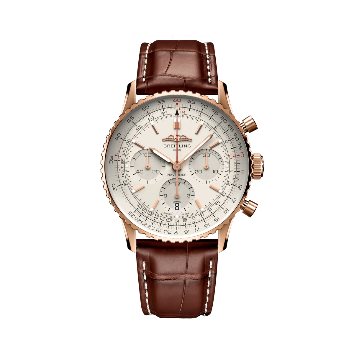 Breitling Navitimer chronograph watch with a cream dial, three silver subdials, rose gold tone case and brown leather strap with white stitching.