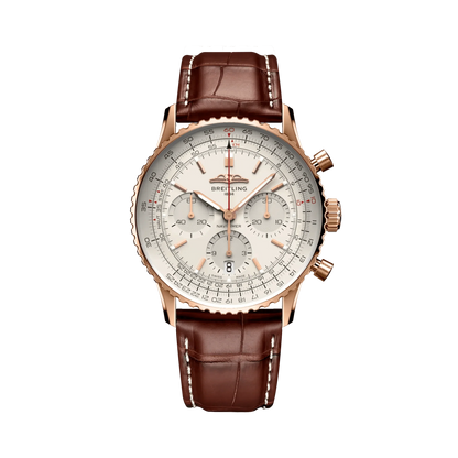 Breitling Navitimer chronograph watch with a cream dial, three silver subdials, rose gold tone case and brown leather strap with white stitching.