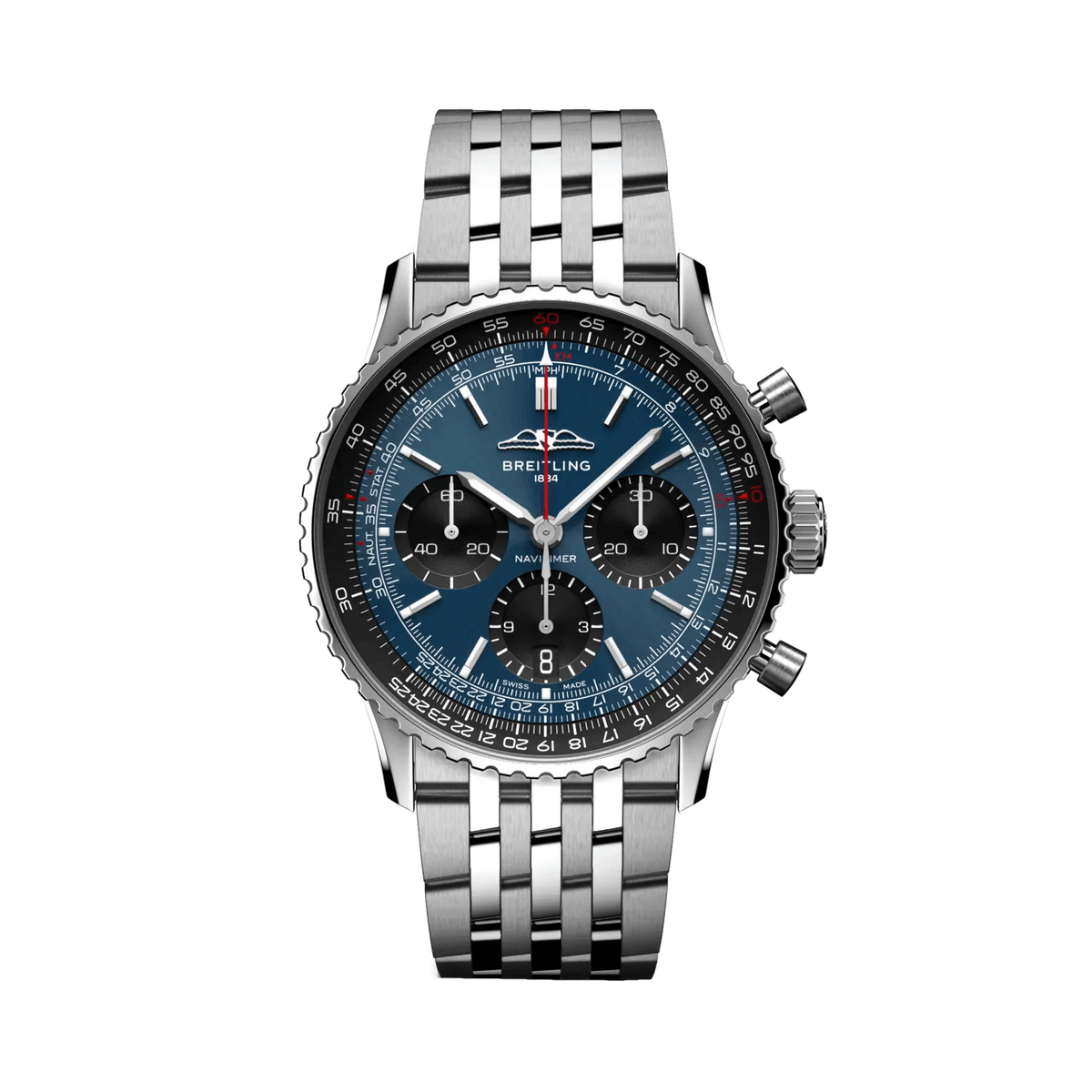 Breitling Navitimer chronograph watch with a blue dial, three black subdials, black numbered bezel, silver tone case and metal bracelet.