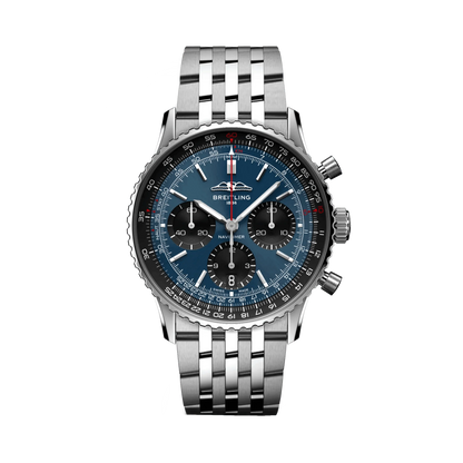 Breitling Navitimer chronograph watch with a blue dial, three black subdials, black numbered bezel, silver tone case and metal bracelet.