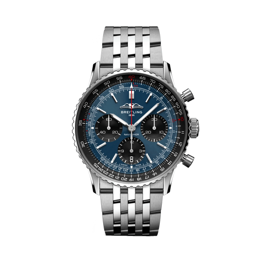 Breitling Navitimer chronograph watch with a blue dial, three black subdials, black numbered bezel, silver tone case and metal bracelet.