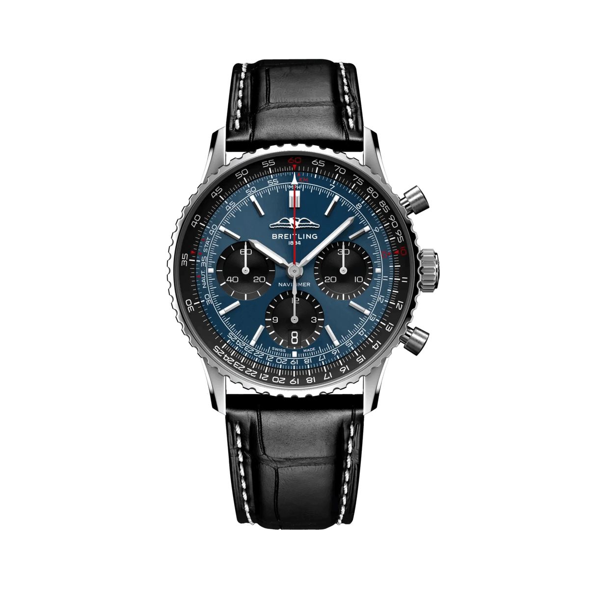 Breitling Navitimer chronograph watch with a blue dial, three black subdials, silver tone case and black leather strap with white stitching.