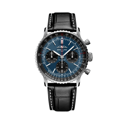 Breitling Navitimer chronograph watch with a blue dial, three black subdials, silver tone case and black leather strap with white stitching.