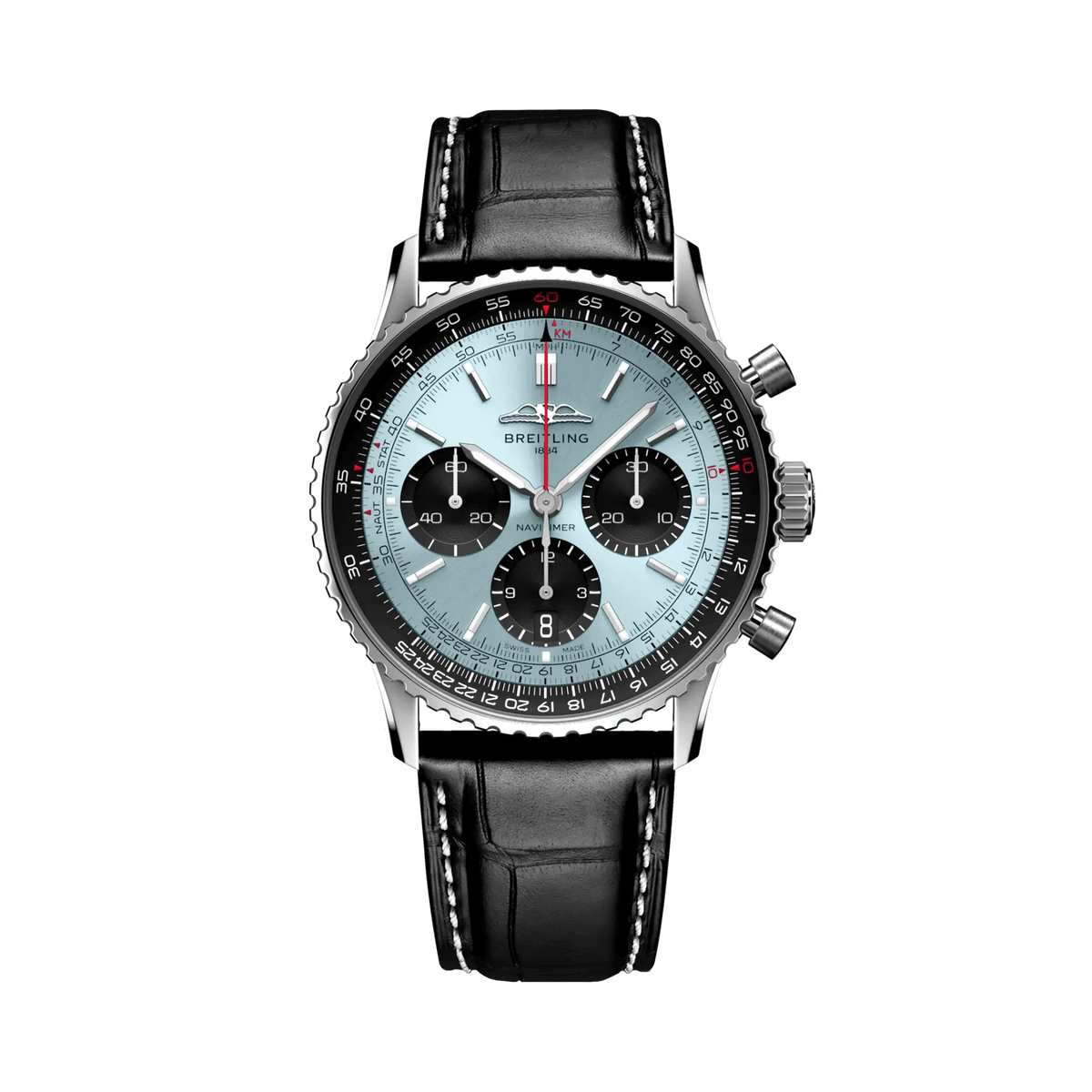 Breitling Navitimer chronograph watch with a light blue dial, three black subdials, silver tone case and black leather strap with white stitching.
