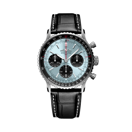 Breitling Navitimer chronograph watch with a light blue dial, three black subdials, silver tone case and black leather strap with white stitching.