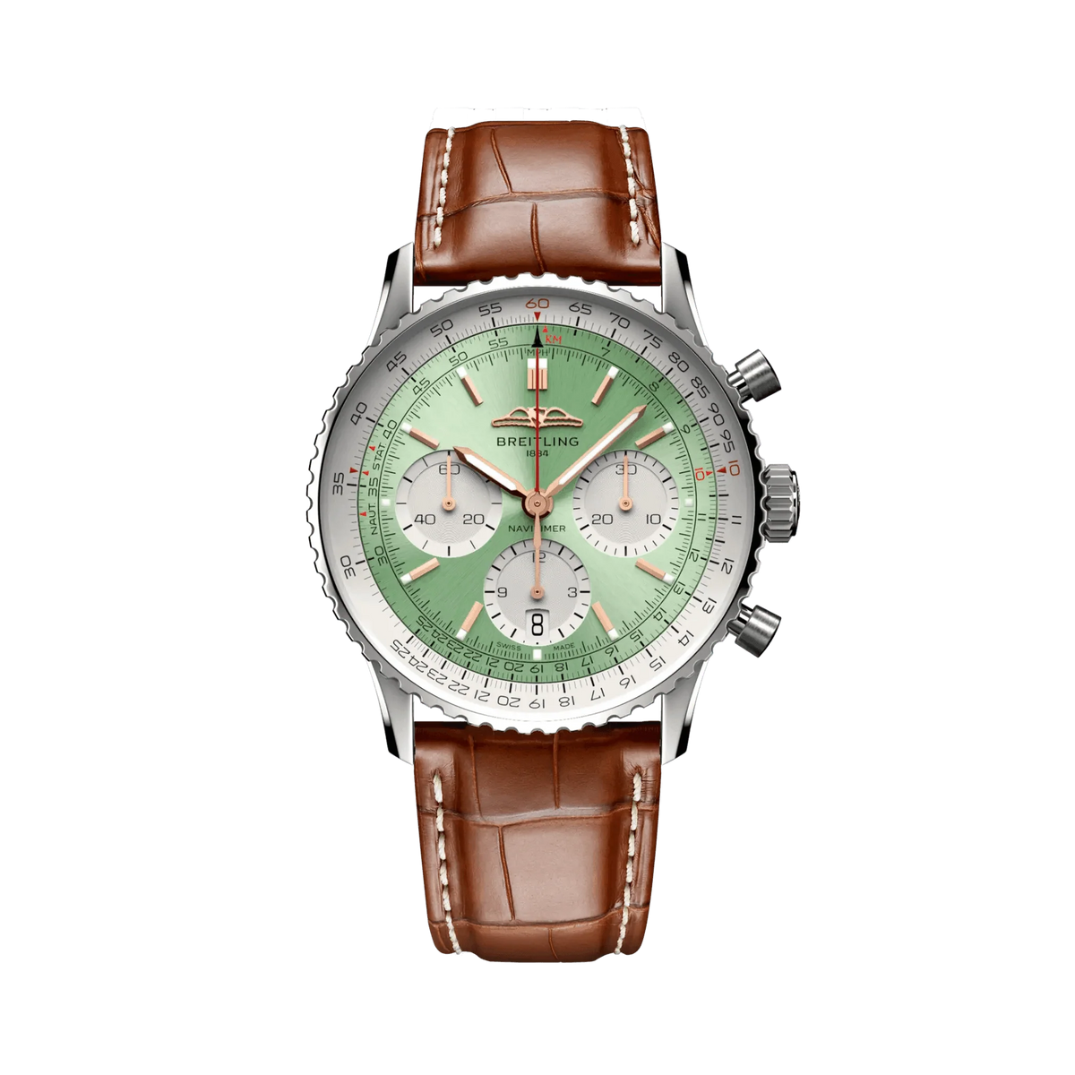 Breitling Navitimer chronograph watch with a mint green dial, three silver subdials, rose gold tone hands and markers, silver tone case and brown leather strap.