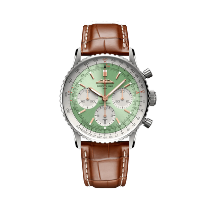 Breitling Navitimer chronograph watch with a mint green dial, three silver subdials, rose gold tone hands and markers, silver tone case and brown leather strap.