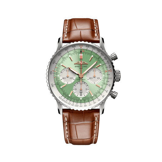 Breitling Navitimer chronograph watch with a mint green dial, three silver subdials, rose gold tone hands and markers, silver tone case and brown leather strap.