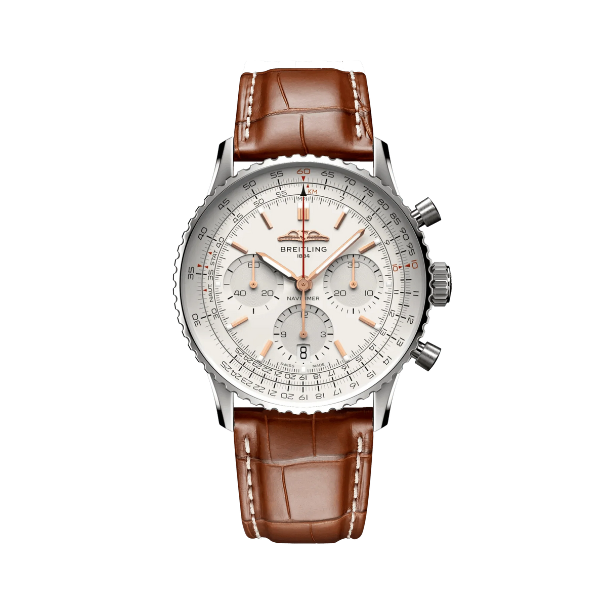 Breitling Navitimer chronograph watch with a silver dial, three subdials, rose gold tone hands and markers, silver tone case and brown leather strap.