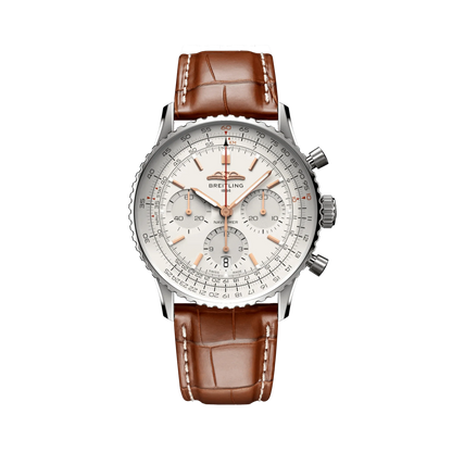Breitling Navitimer chronograph watch with a silver dial, three subdials, rose gold tone hands and markers, silver tone case and brown leather strap.