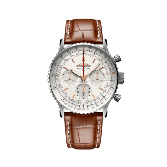 Breitling Navitimer chronograph watch with a silver dial, three subdials, rose gold tone hands and markers, silver tone case and brown leather strap.