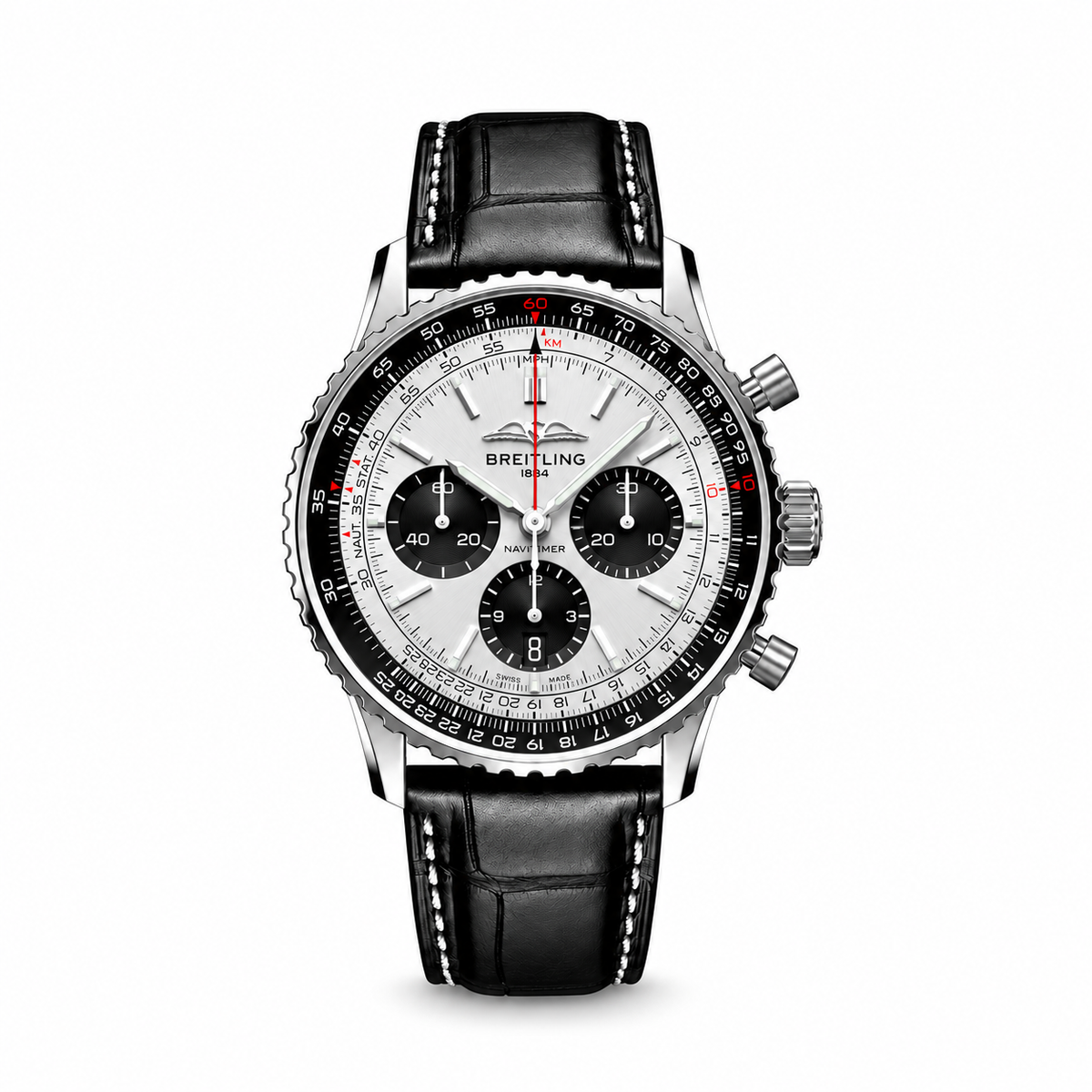 Breitling Navitimer chronograph watch with a black dial, three silver subdials, silver tone case and black leather strap with white stitching.