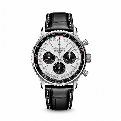 Breitling Navitimer chronograph watch with a black dial, three silver subdials, silver tone case and black leather strap with white stitching.
