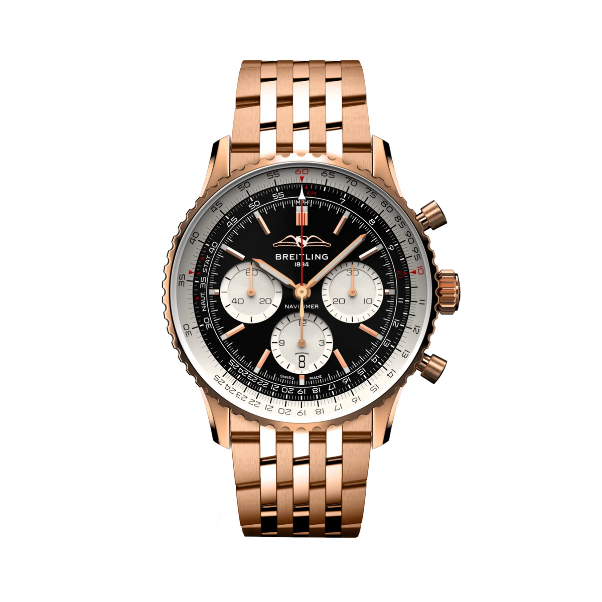 Breitling Navitimer chronograph watch with a black dial, three silver subdials, silver numbered bezel and rose gold tone case and metal bracelet.