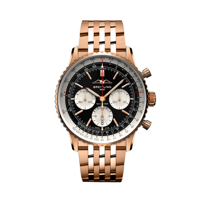 Breitling Navitimer chronograph watch with a black dial, three silver subdials, silver numbered bezel and rose gold tone case and metal bracelet.
