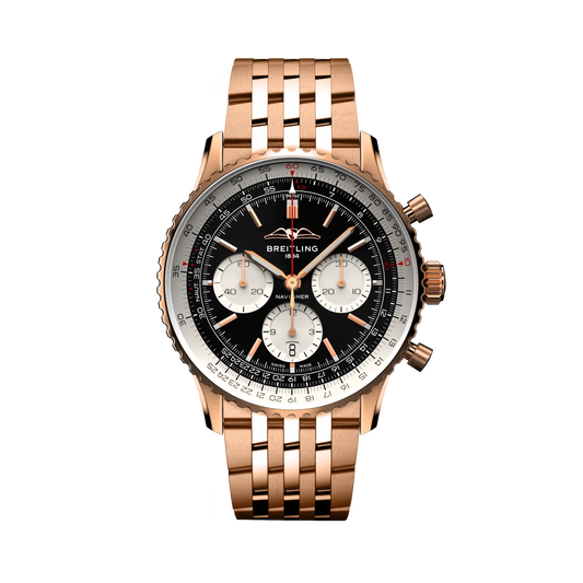 Breitling Navitimer chronograph watch with a black dial, three silver subdials, silver numbered bezel and rose gold tone case and metal bracelet.