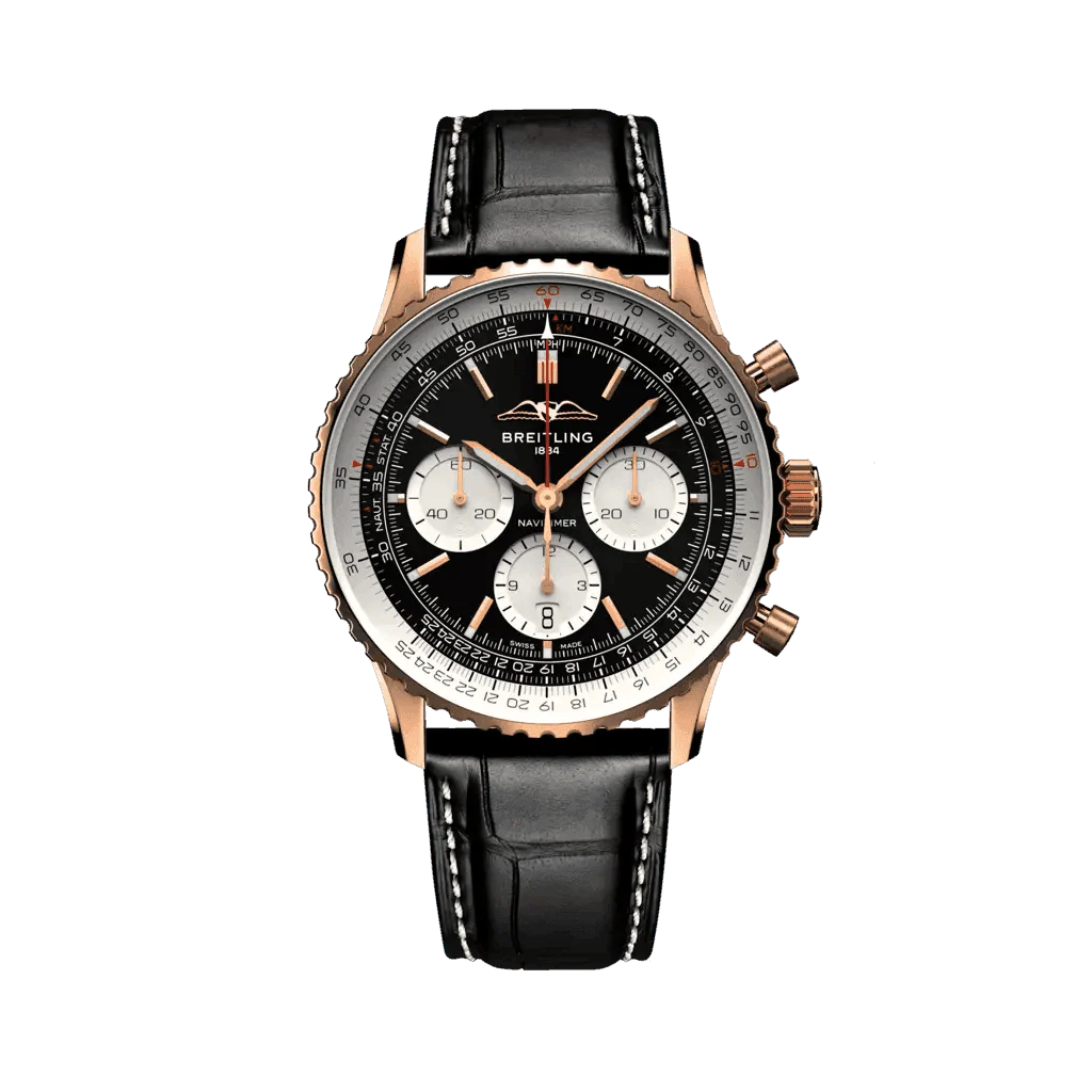 Breitling Navitimer chronograph watch with a black dial, three white subdials, rose gold-tone case and black leather strap.