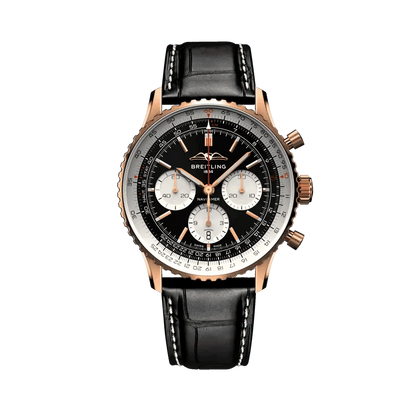 Breitling Navitimer chronograph watch with a black dial, three white subdials, rose gold-tone case and black leather strap.