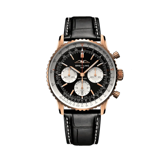 Breitling Navitimer chronograph watch with a black dial, three white subdials, rose gold-tone case and black leather strap.