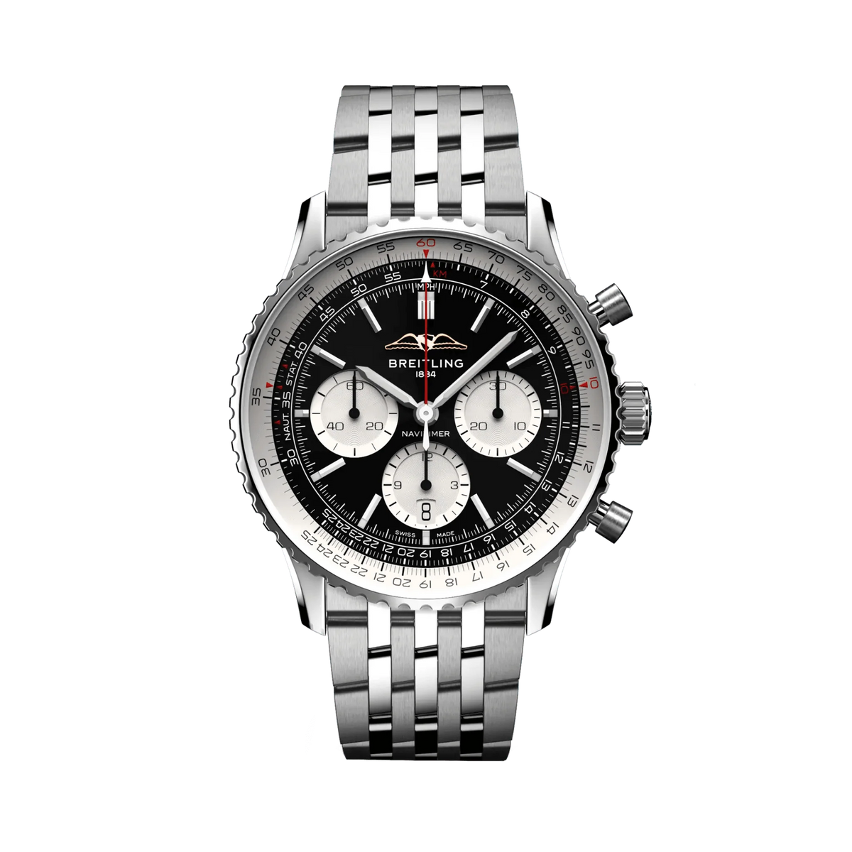 Breitling Navitimer chronograph watch with a black dial, three silver subdials, silver numbered bezel and silver tone metal bracelet.
