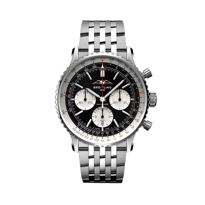 Breitling Navitimer chronograph watch with a black dial, three silver subdials, silver numbered bezel and silver tone metal bracelet.