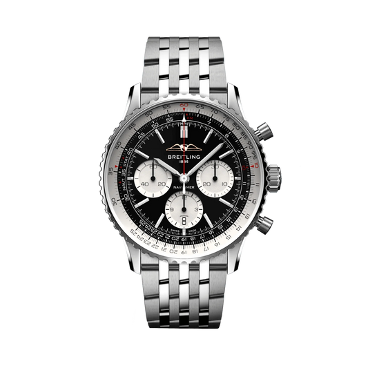 Breitling Navitimer chronograph watch with a black dial, three silver subdials, silver numbered bezel and silver tone metal bracelet.