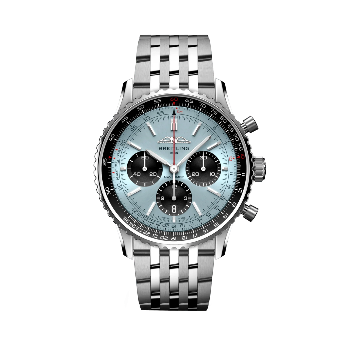 Breitling Navitimer chronograph watch with a light blue dial, three black subdials, black numbered bezel and silver tone metal bracelet.