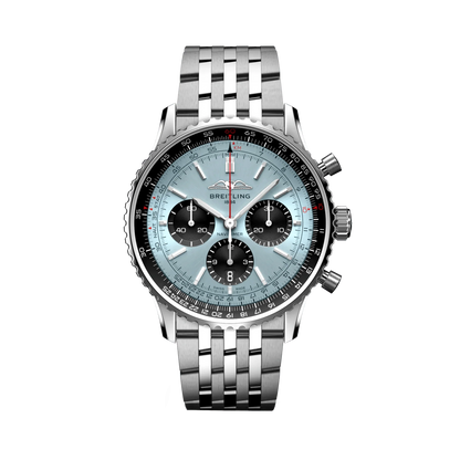 Breitling Navitimer chronograph watch with a light blue dial, three black subdials, black numbered bezel and silver tone metal bracelet.