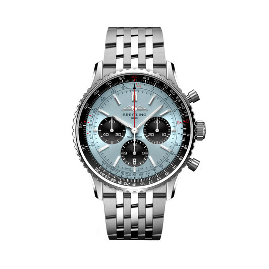 Breitling Navitimer chronograph watch with a light blue dial, three black subdials, black numbered bezel and silver tone metal bracelet.