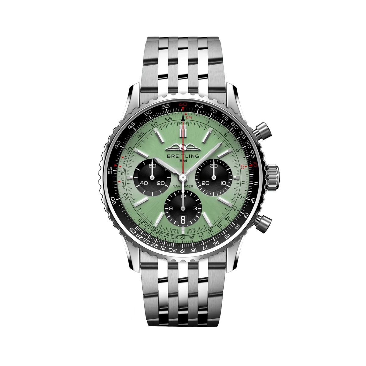 Breitling Navitimer chronograph watch with a light green dial, three black subdials, black numbered bezel and silver tone metal bracelet.