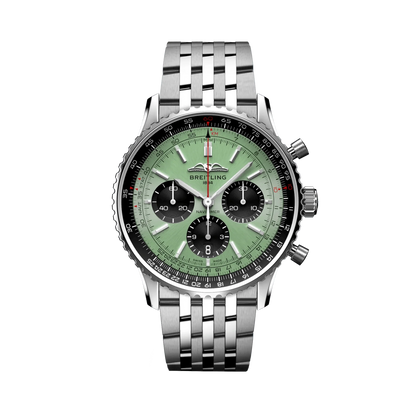 Breitling Navitimer chronograph watch with a light green dial, three black subdials, black numbered bezel and silver tone metal bracelet.